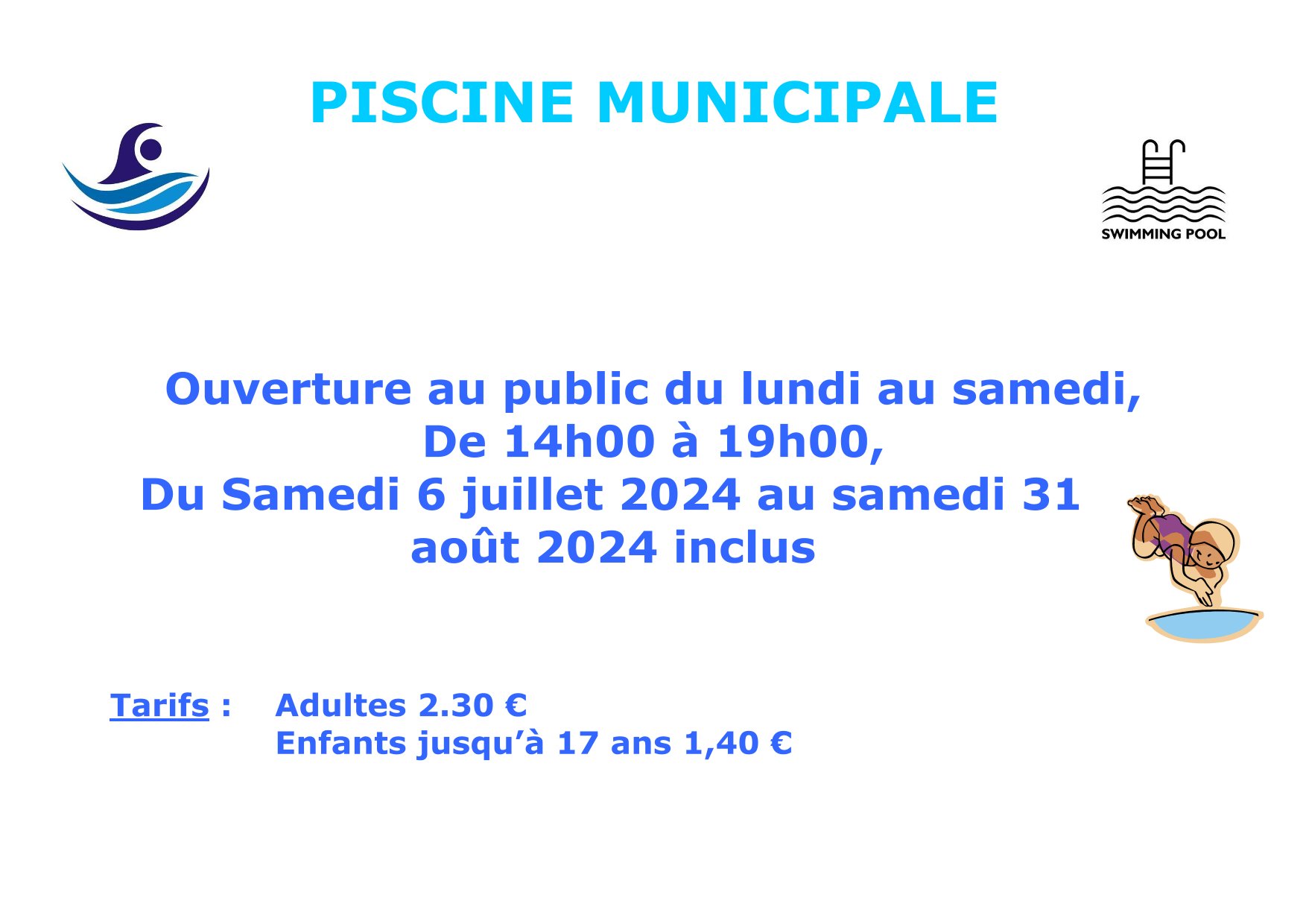 Ouverture piscine municipale le 6 juillet 2024